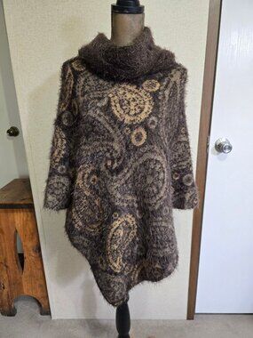 Pullover Sweater Poncho One Size Brown Beige Paisley Fuzzy High Neck SOFT!